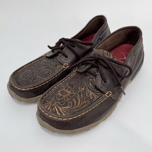 Twisted X Leather Embossed Floral Driving Lace Up Mocs Loafer Women’s Size 8 1/2